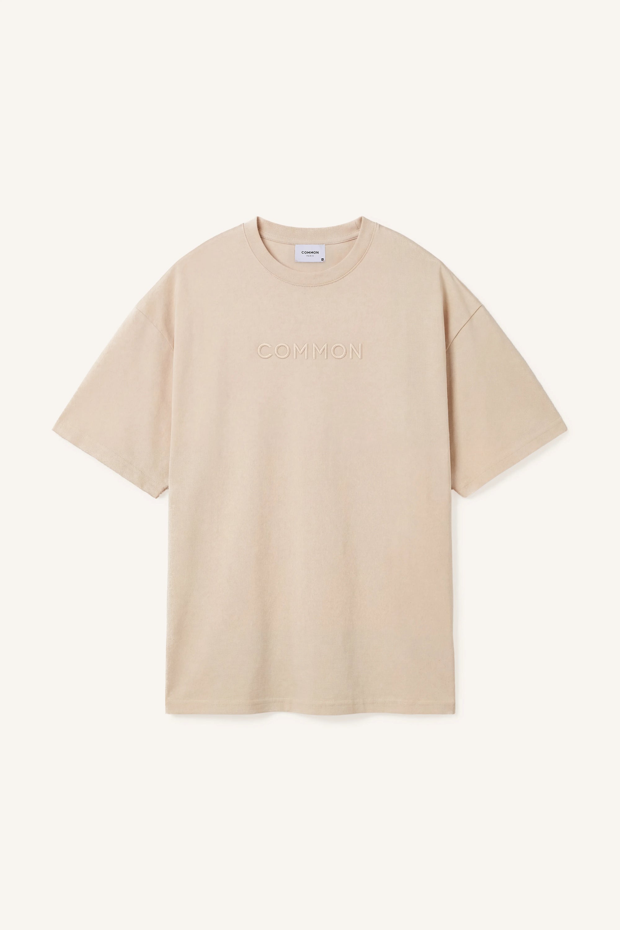 Beige t-shirt with a brand logo on a white background